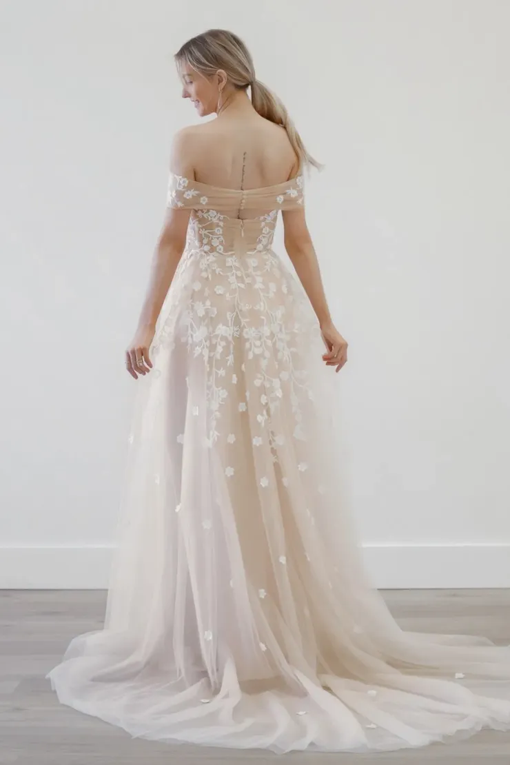 off the shoulder wedding dress topper Theia Ocean Off-The-Shoulder Long-Sleeve Lace Bridal Topper