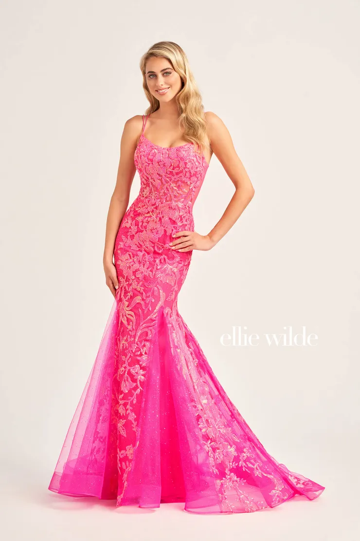 EW35008 scoop neckline prom dress with a lace up back and shimmering glitter sequin tulle #3 Magenta frontface vertical picture