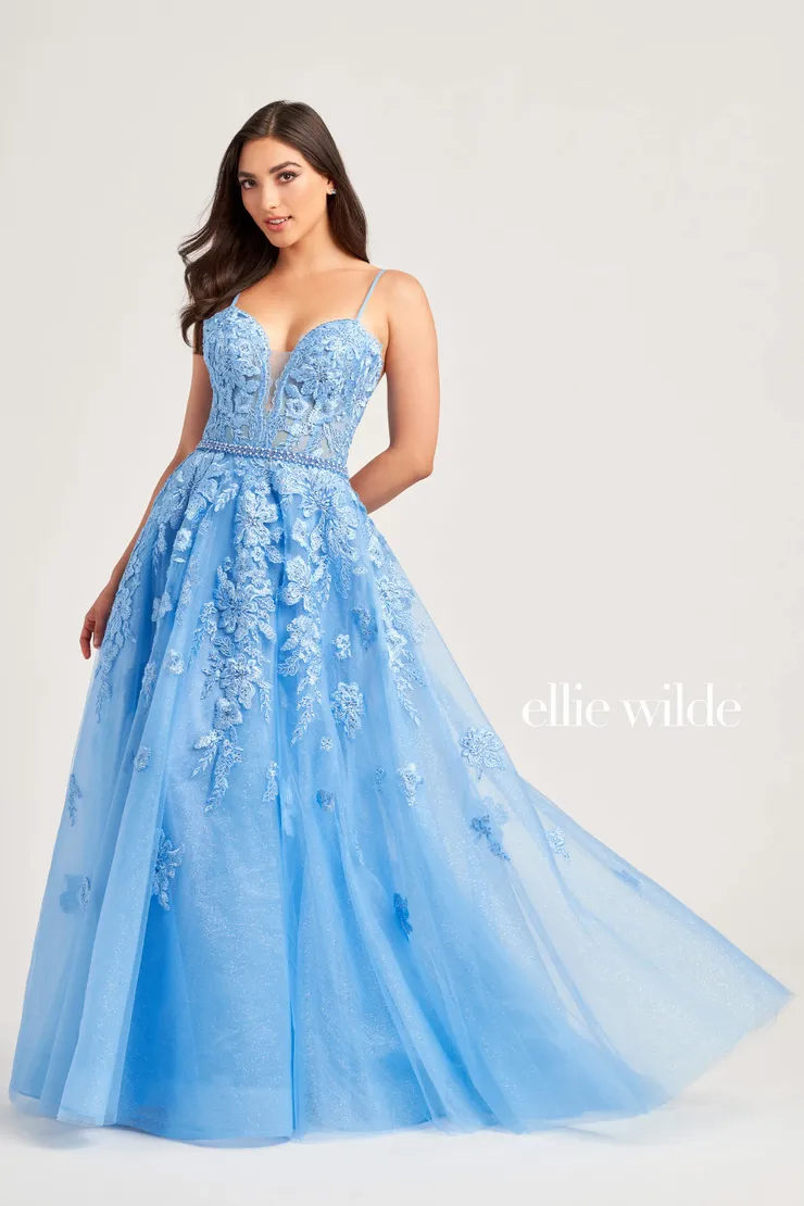 EW35016 a-line prom dress with glitter tulle, lace appliqués and stone accents #4 Bluebell frontface vertical picture