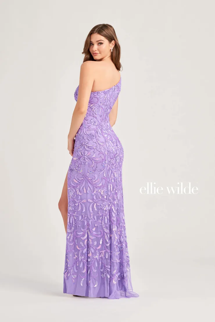 EW35021 FIT AND FLARE ONE SHOULDER PROM DRESS WITH EMBROIDERED BEADED TULLE #2 default Lavender backface vertical picture