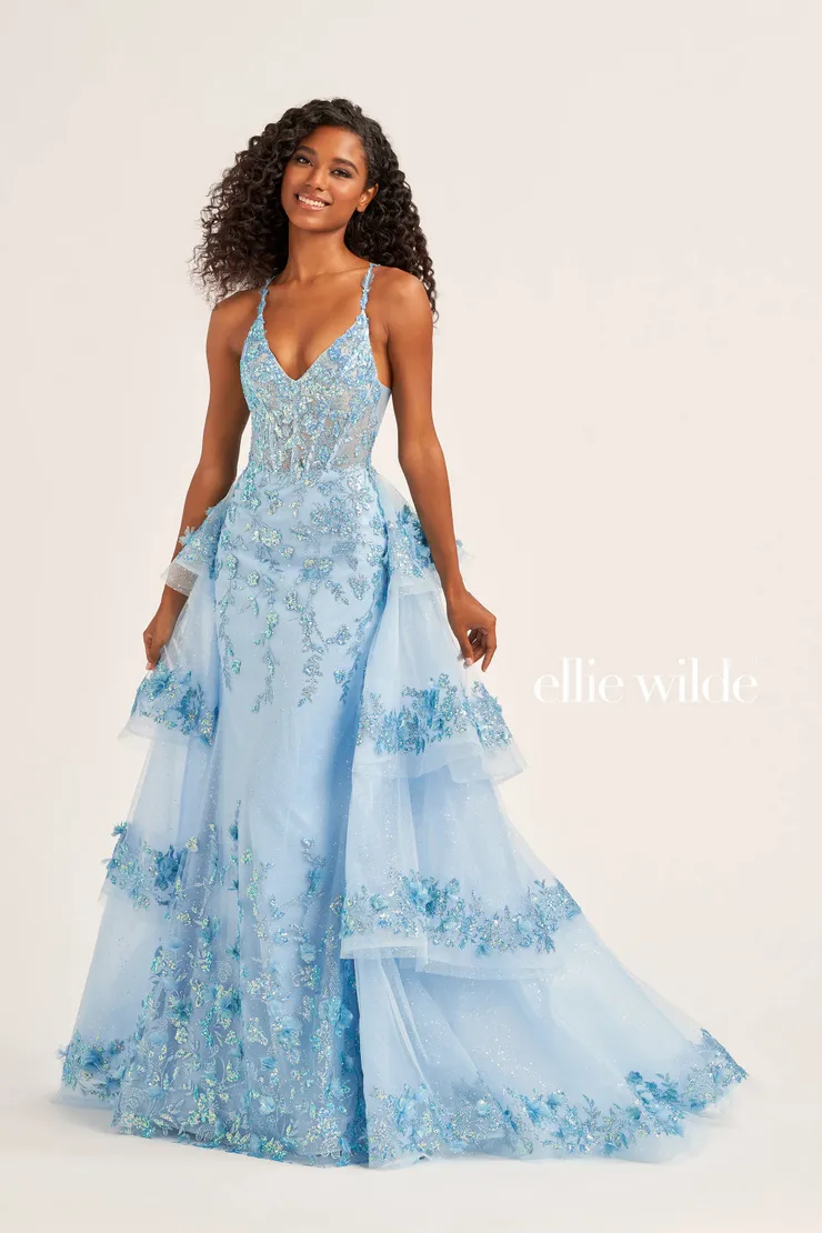 EW35045 FIT AND FLARE PROM DRESS SHIMMERING WITH SEQUINS, GLITTER TULLE AND THREE-DIMENSIONAL FLOWERS PAIRED WITH A DETACHABLE TRAIN #3 Light Blue frontface vertical picture