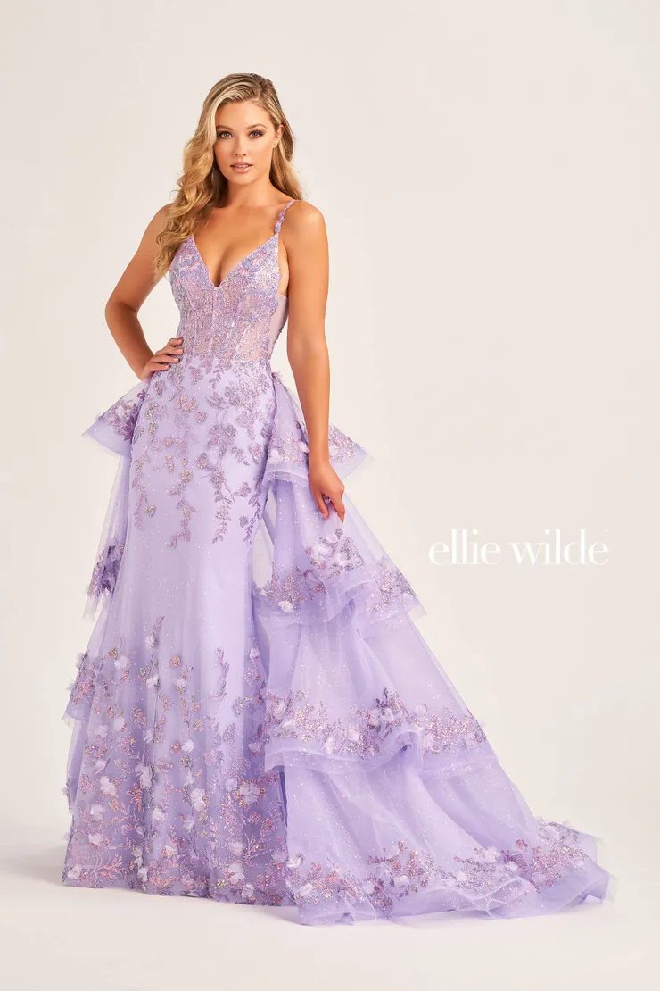 EW35045 FIT AND FLARE PROM DRESS SHIMMERING WITH SEQUINS, GLITTER TULLE AND THREE-DIMENSIONAL FLOWERS PAIRED WITH A DETACHABLE TRAIN #4 Lilac frontface vertical picture