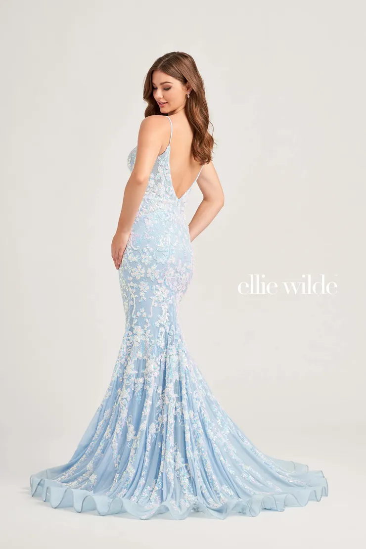 EW35048 OPEN BACK DRESS COVERED IN SEQUINS AND STONE ACCENTS WITH A PLUNGING V-NECK #2 Ice Blue backface vertical picture