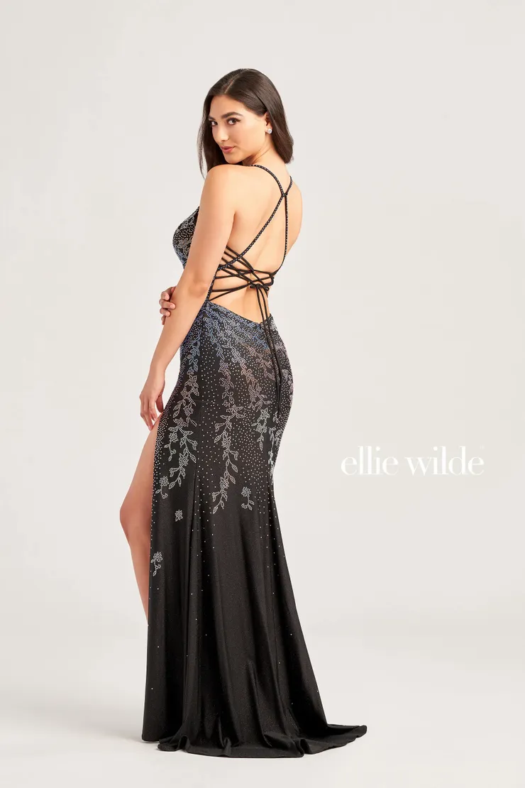 EW35061 SHIMMERING GLITTER JERSEY DRESS WITH A V-NECK AND HIGH SLIT #2 default Black Galaxy backface vertical picture