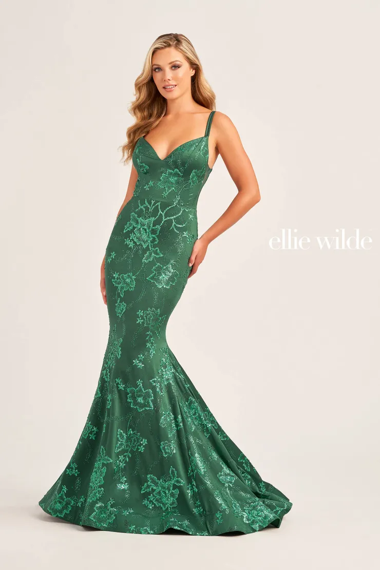 EW35083 LACE UP BACK TRUMPET PROM DRESS COVERED IN CRACKED ICE ON STRETCH JERSEY #3 Emerald frontface vertical picture