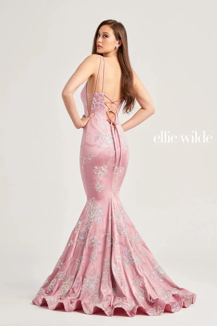 EW35083 LACE UP BACK TRUMPET PROM DRESS COVERED IN CRACKED ICE ON STRETCH JERSEY #2 default Mauve/Gold backface vertical picture