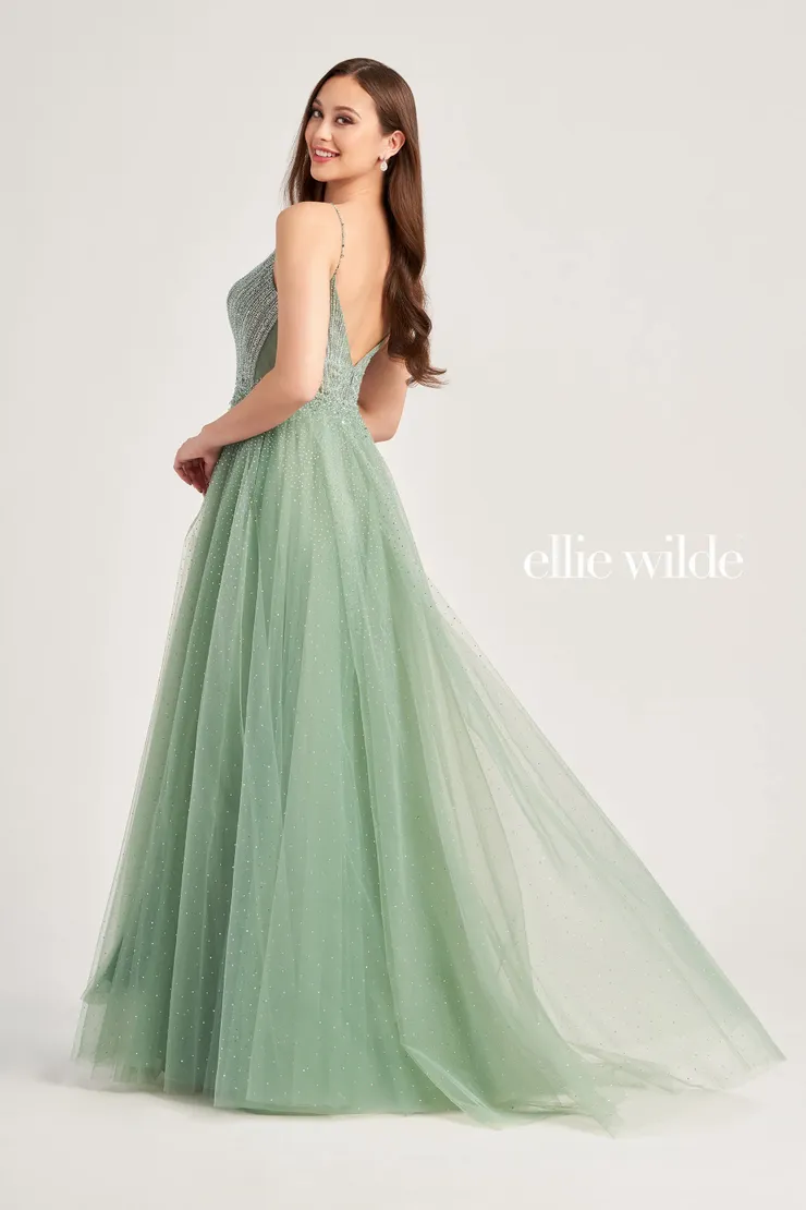 EW35088 BEADED V NECK BODICE WITH GLITTER TULLE SKIRT AND HIGH SLIT #2 default Sea Mist backface vertical picture