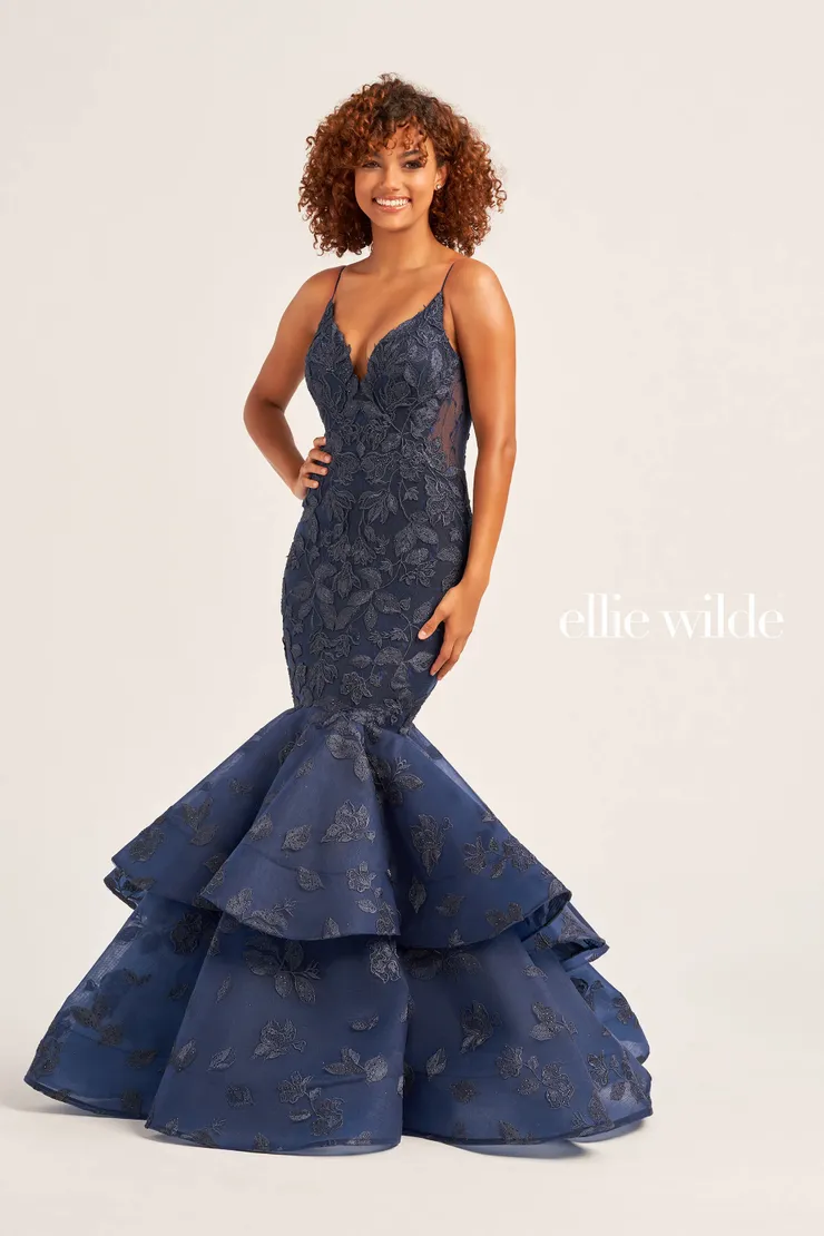 EW35092 ALLOVER LACE MERMAID PROM DRESS WITH AN OPEN BACK #0 default Navy Blue frontface vertical picture