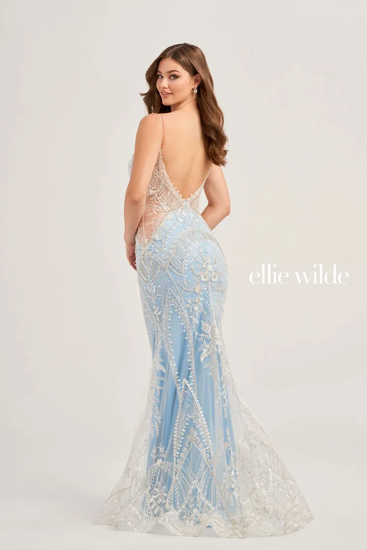 EW35097 SCOOP NECK FIT AND FLARE DRESS WITH BEADING AND AN OPEN BACK #2 default Light Blue backface vertical picture