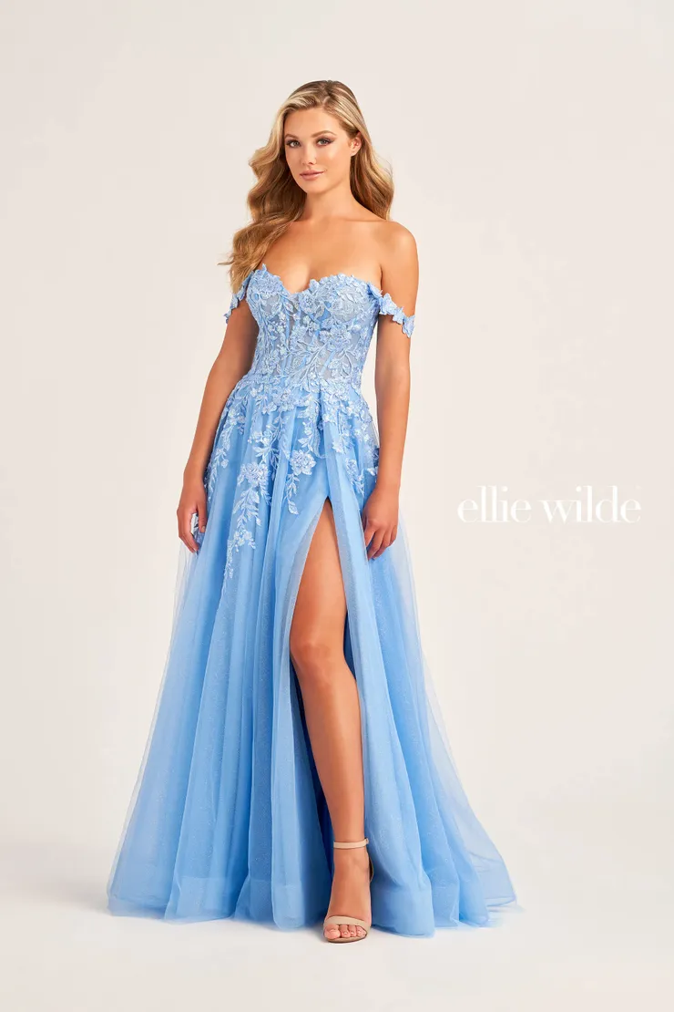 EW35101 a-line prom dress with glitter tulle and floral lace appliqués #13 Bluebell frontface vertical picture