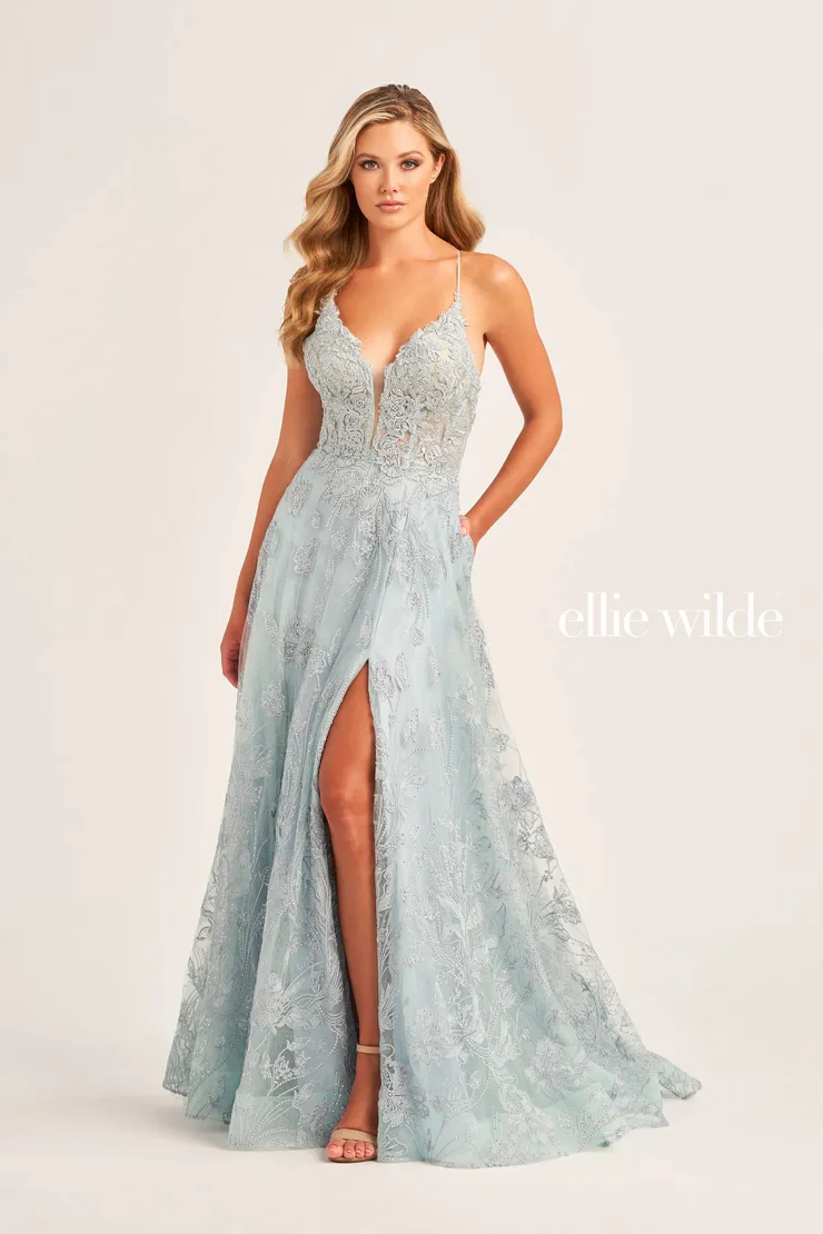 EW35103 GLITTER TULLE A-LINE DRESS WITH A PLUNGING V-NECK AND STONE ACCENTS #4 Sea Mist frontface vertical picture