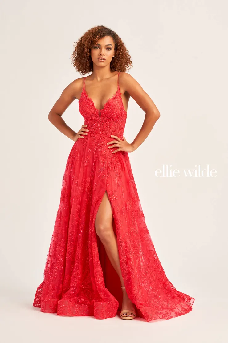 EW35103 GLITTER TULLE A-LINE DRESS WITH A PLUNGING V-NECK AND STONE ACCENTS #5 Strawberry frontface vertical picture