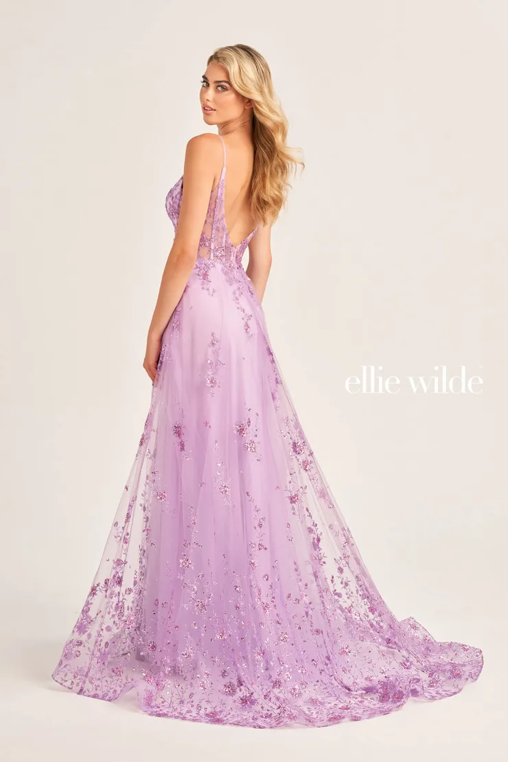 EW35105 glitter tulle a-line dress with a plunging v-neck #6 default Lilac backface vertical picture