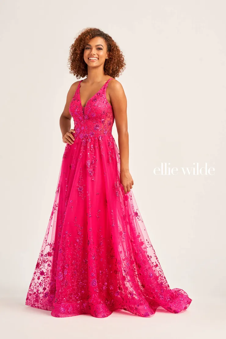 EW35105 glitter tulle a-line dress with a plunging v-neck #3 Magenta frontface vertical picture