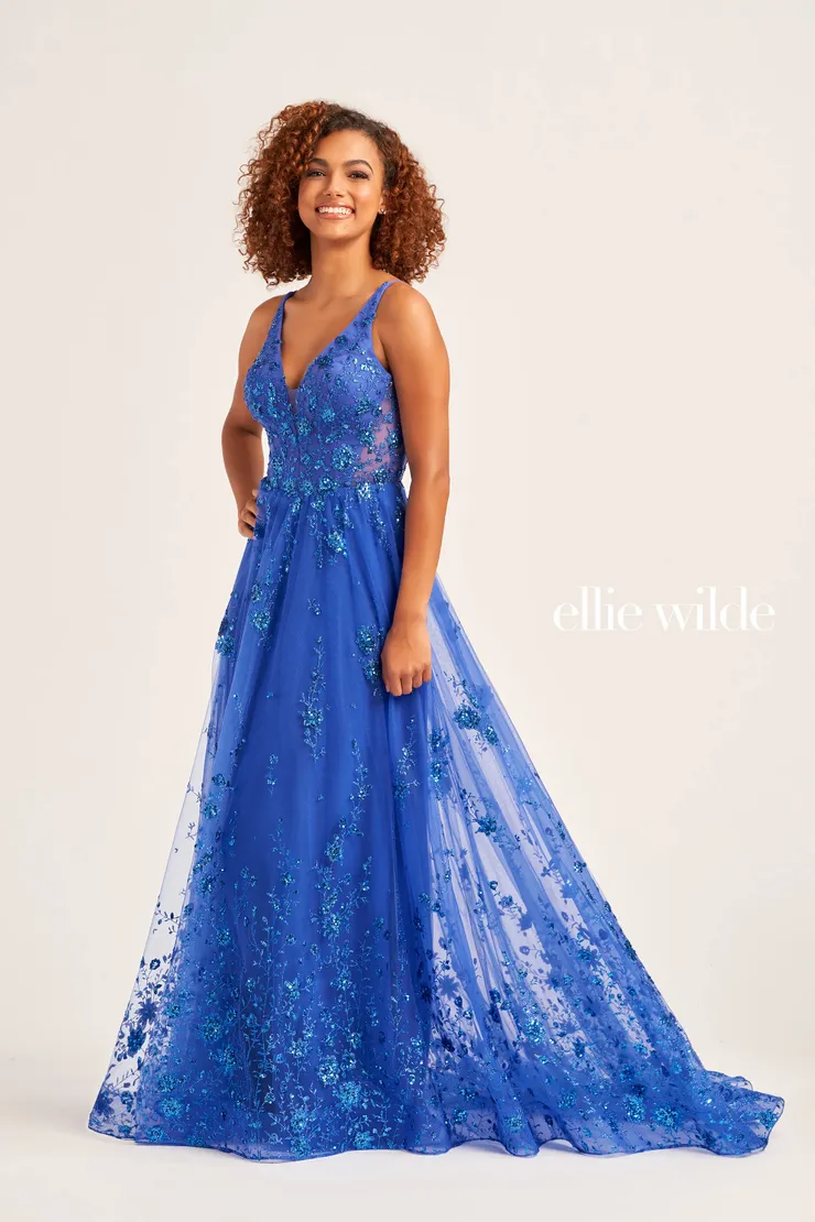 EW35105 glitter tulle a-line dress with a plunging v-neck #5 Royal Blue frontface vertical picture
