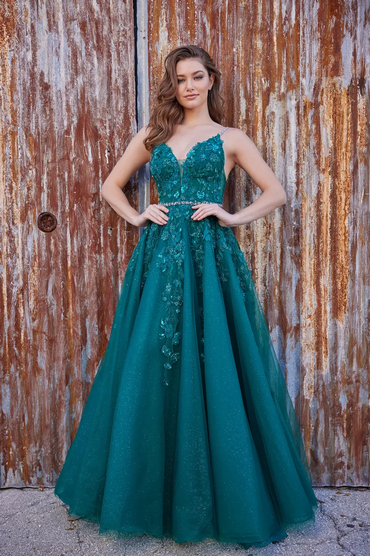【etoll】Velour rosette flare dress Halter Neck Fitted Gown with Mesh Insets D5022 | Jovani