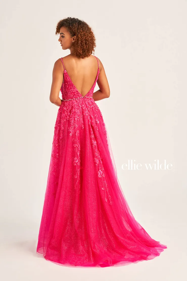 EW35113 PLUNGING V-NECK DRESS WITH RHINESTONE STRAPS AND A RHINESTONE BELT #2 default Magenta backface vertical picture