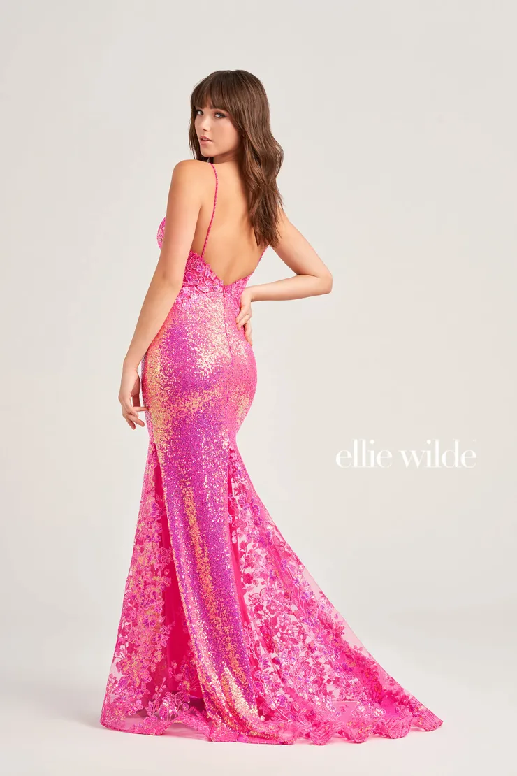 EW35202 ALLOVER SEQUIN TRUMPET DRESS WITH A CORSET BODICE AND OPEN BACK #2 default Hot Pink backface vertical picture