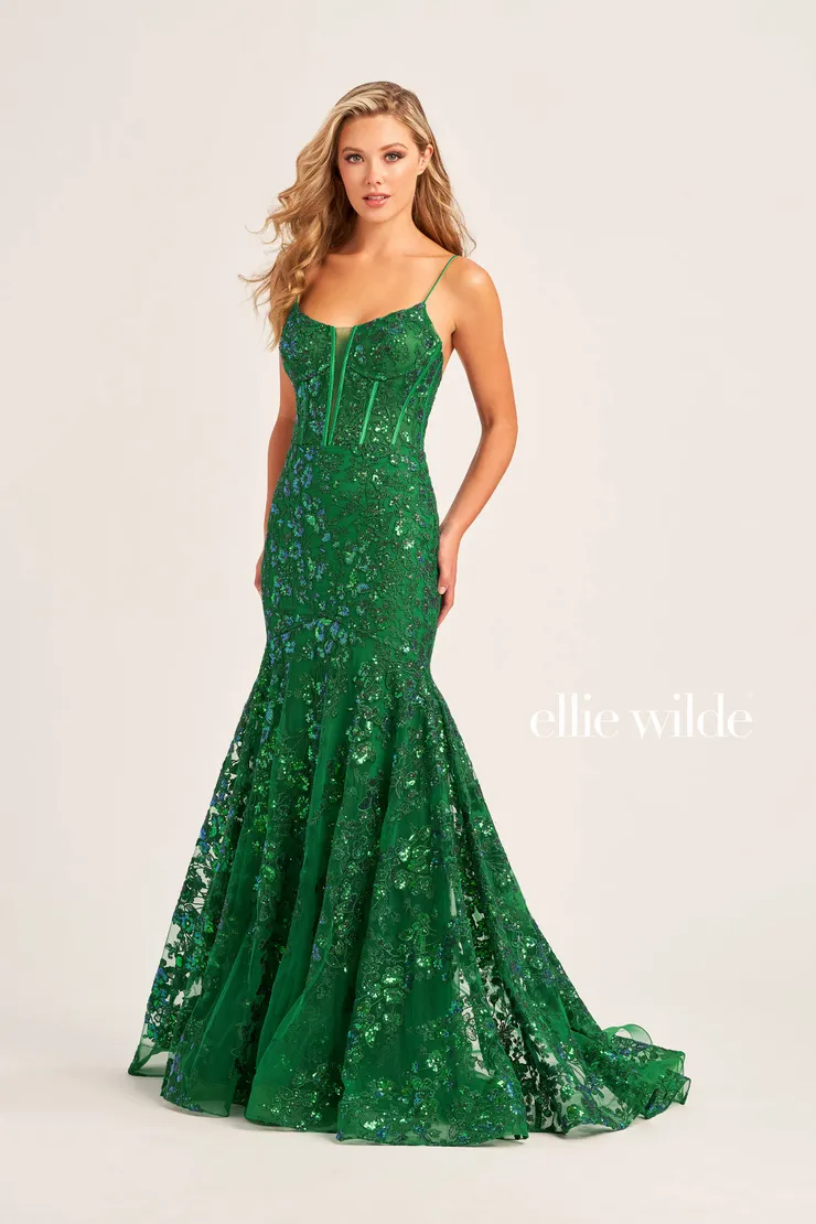 EW35203 plunging scoop neckline prom dress with a sheer corset bodice #3 Emerald frontface vertical picture