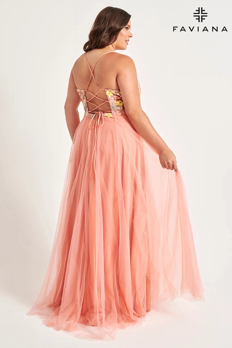 peach plus size prom dresses Primavera Couture 14080 Size 24 Coral Fitted Sequin Plus Size Prom Dress V Neck Formal Gown Strapless