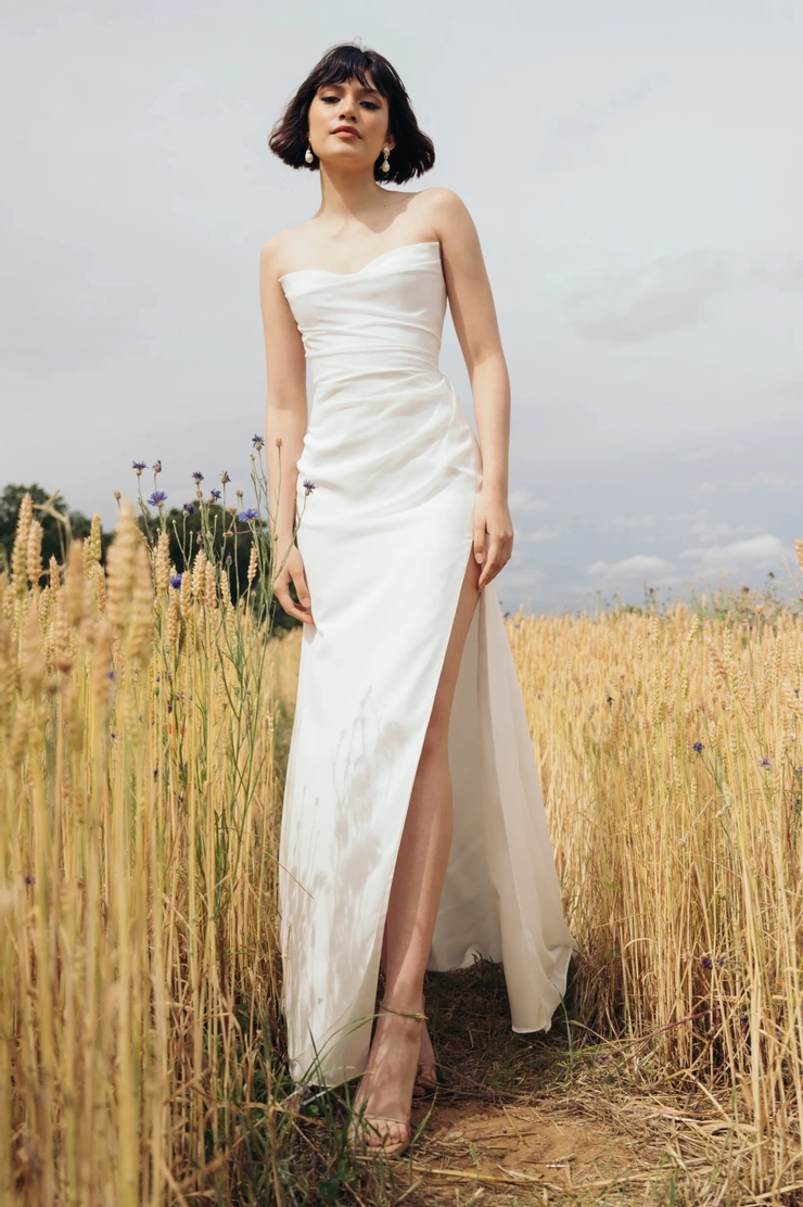 white bridal dress Modest Solid White A-Line Split Front Wedding Dress Elegant Simple Cas –  DorrisDress main image 0