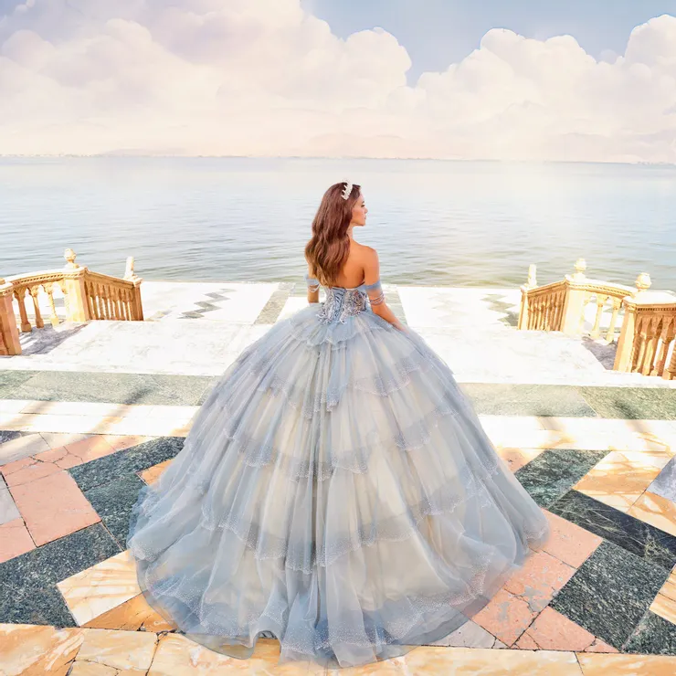 strapless open back dress Princesa PR30171 Long Quinceanera Dress PromGirl