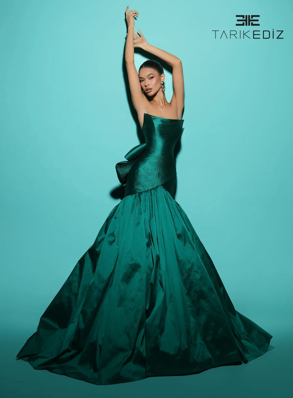 tarik ediz emerald green dress Tarik Ediz 52004 Satin Gown with Feather Accents – Mydressline main image 1