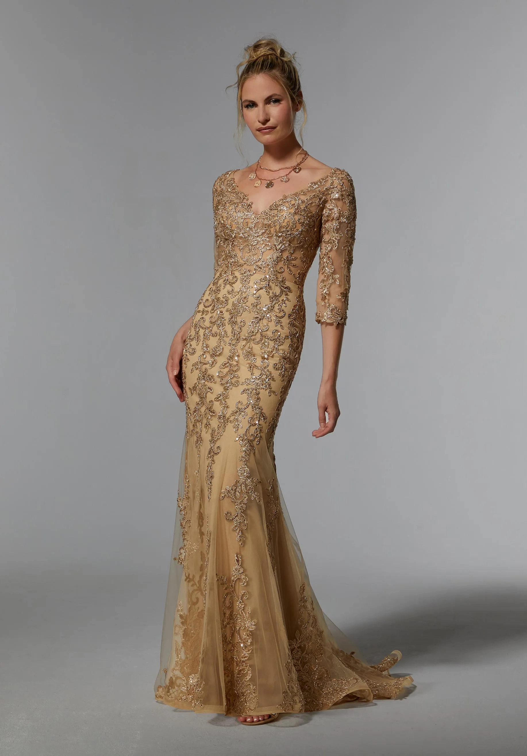 パーティードレス GANISONG LMJ gold button wrap dress beige Jovani 42024 Gold Embellished Gown with Plunging Neckline