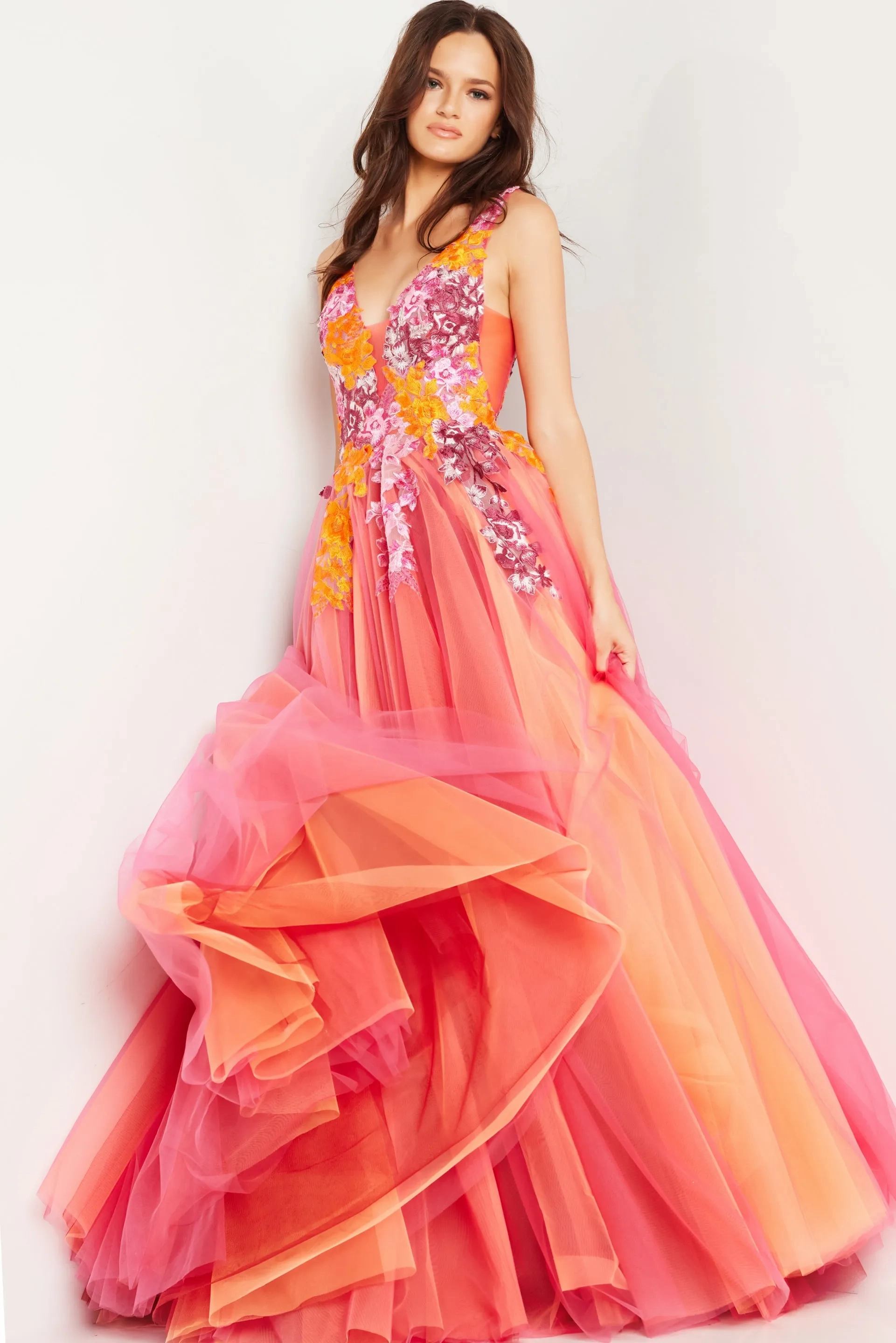 jovani orange flower dress Jovani 49342 Strapless Straight Neck Satin Floral Dress