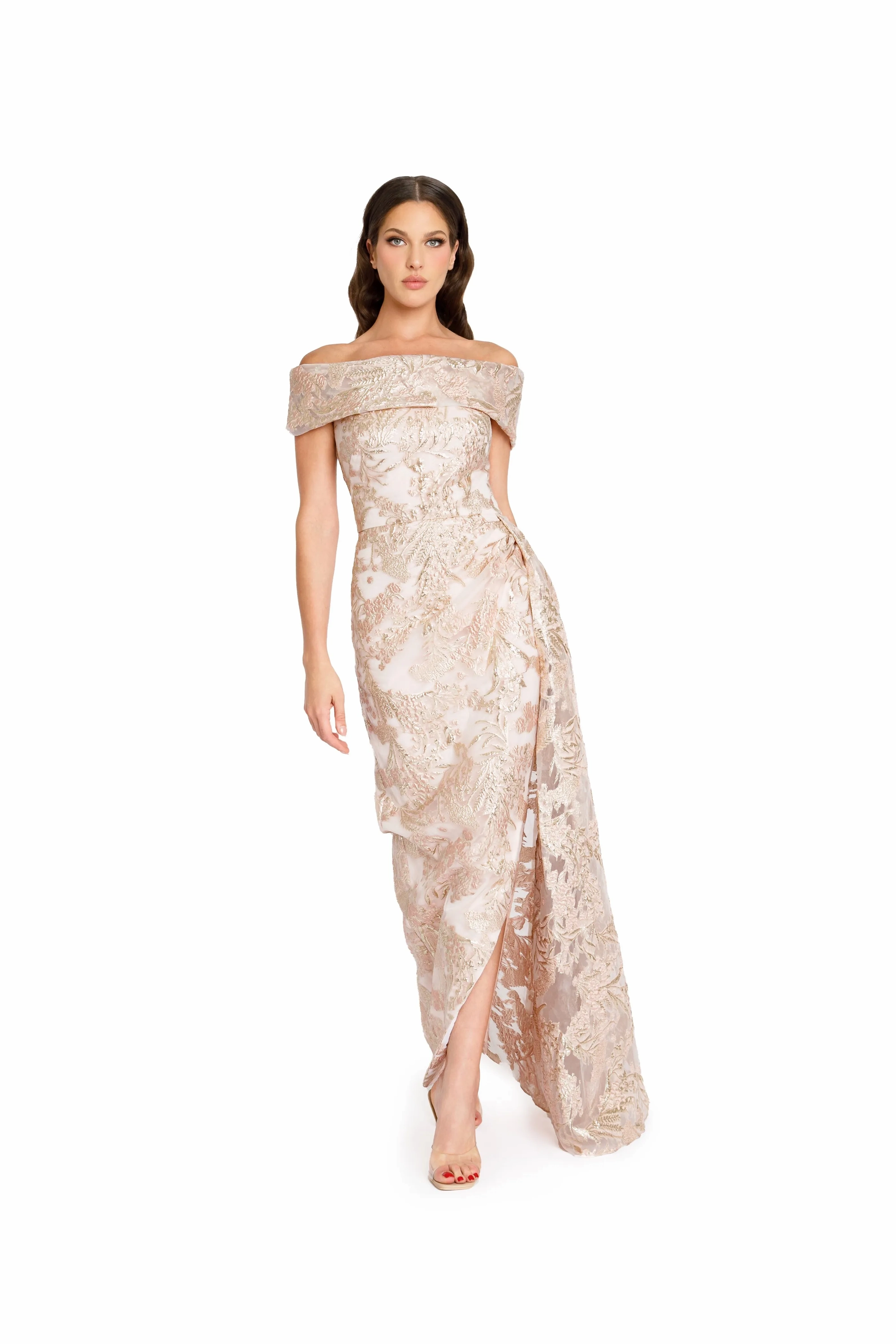 lace crepe off-the-shoulder bridesmaid dress Off Shoulder Floral Lace Crepe Fit & Flare Wedding Dress