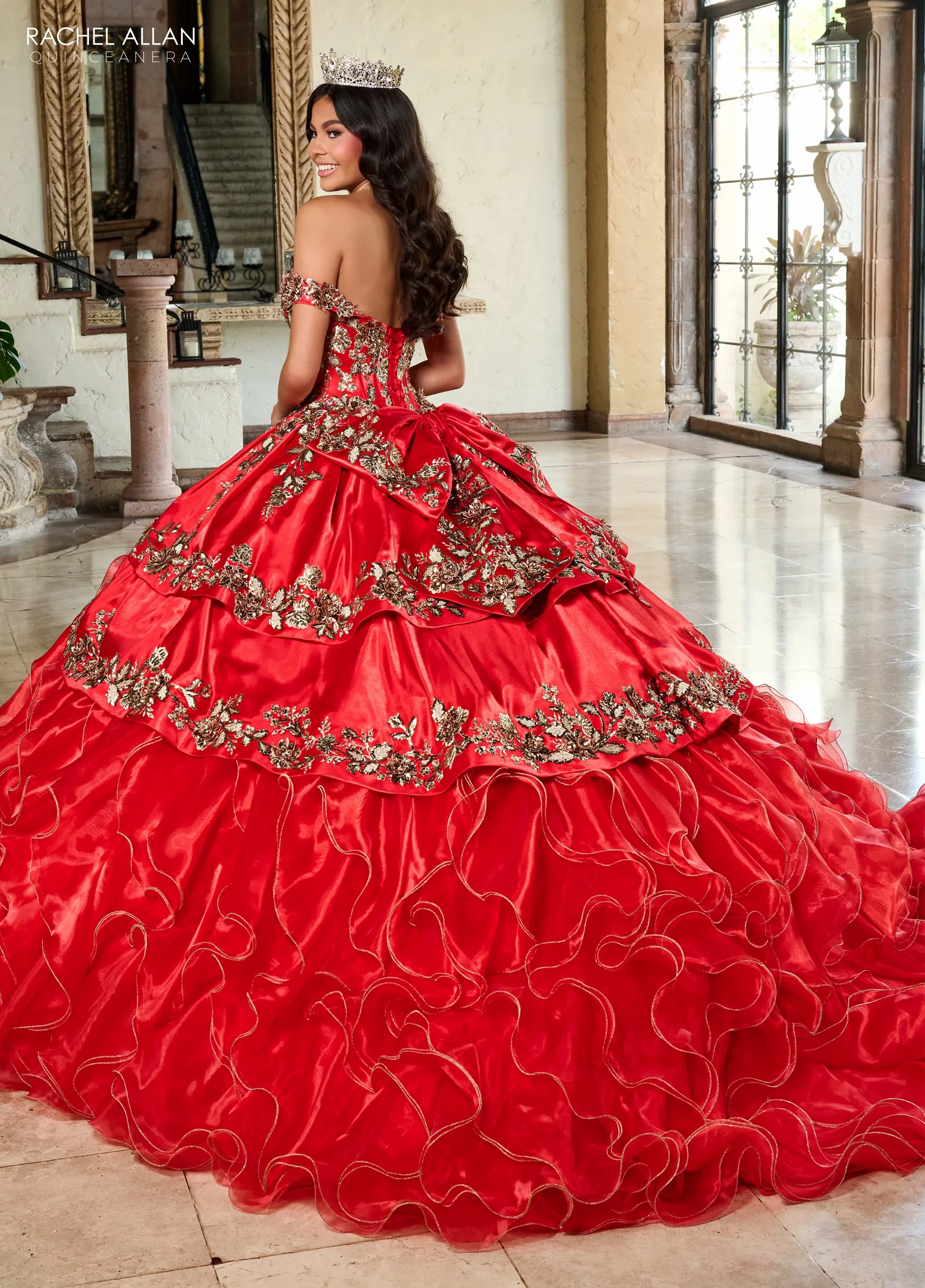 red charro quince dress LA GLITTER #24081 Lily's Quinceanera crystals and flower Purple Charro Quince Dress