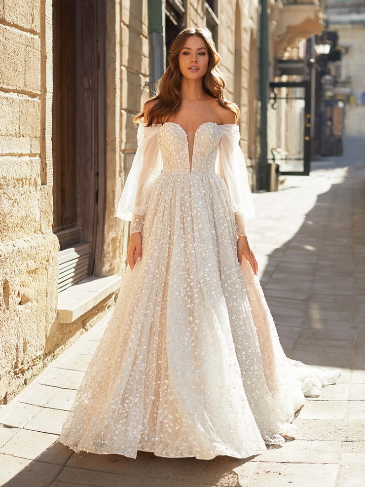 sweetheart off-the-shoulder long prom dress with lace Sweetheart Off-Shoulder Pleated Evening Gowns Lace Gloves Beaded High Slit  A-Line Prom Dress main image 0