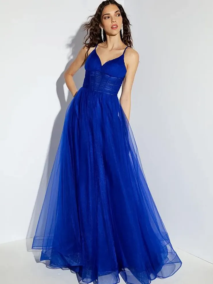 open lace back dress Eureka Fashion 9917 - Sleeveless Deep V-Neck Long Gown 2XL / Mineral Blue main image 1