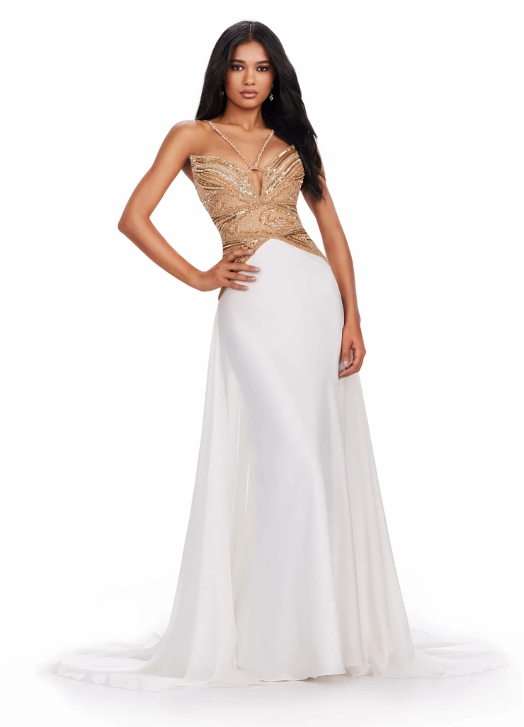 Ashley Lauren Style #11455 Halter Charmeuse Gown with Fully Beaded Top #1 frontface vertical picture