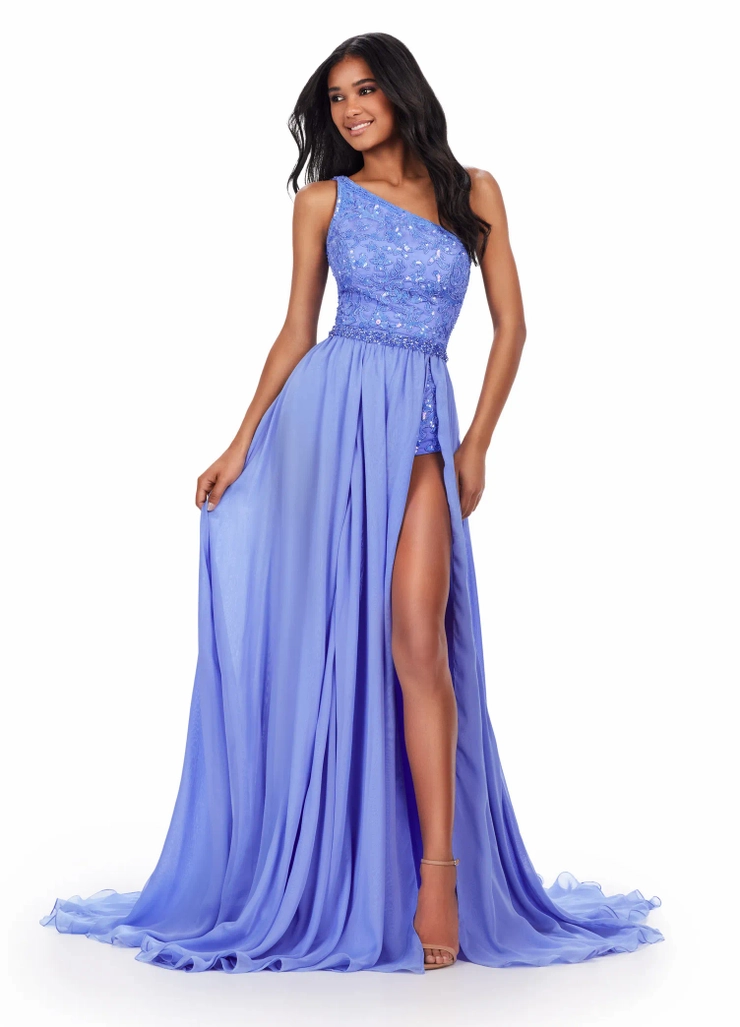 Ashley Lauren Style #11460 One Shoulder Beaded Bodysuit with Chiffon Overskirt #1 frontface vertical picture