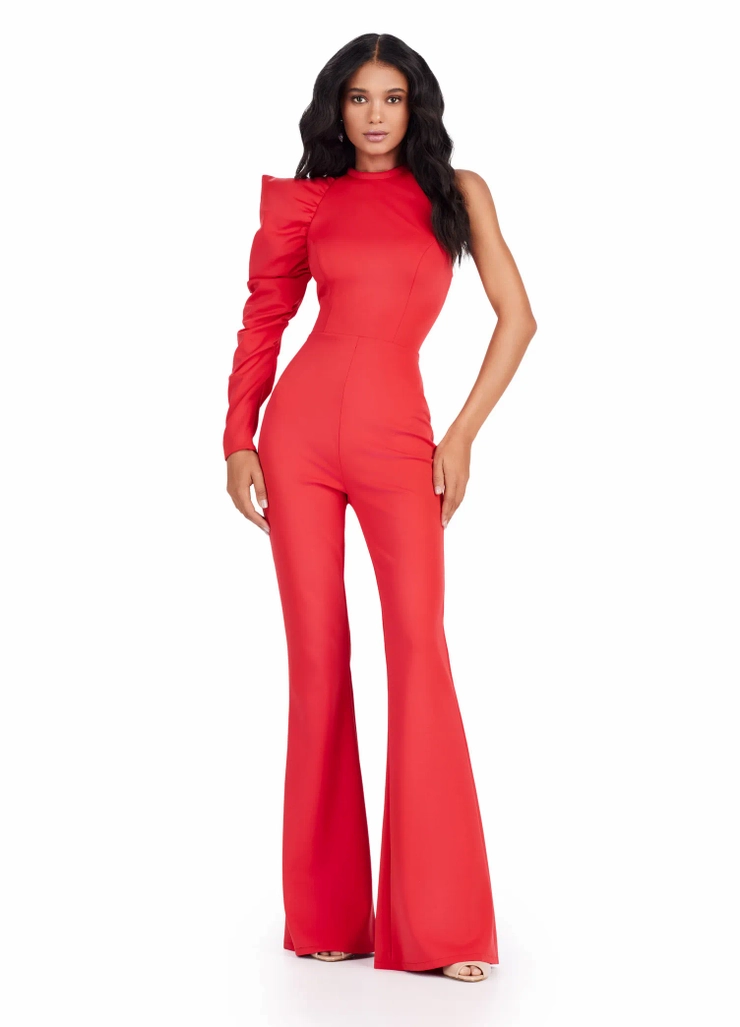 Ashley Lauren Style #11531 One Shoulder Scuba Jumpsuit with Puff Sleeve #1 frontface vertical picture