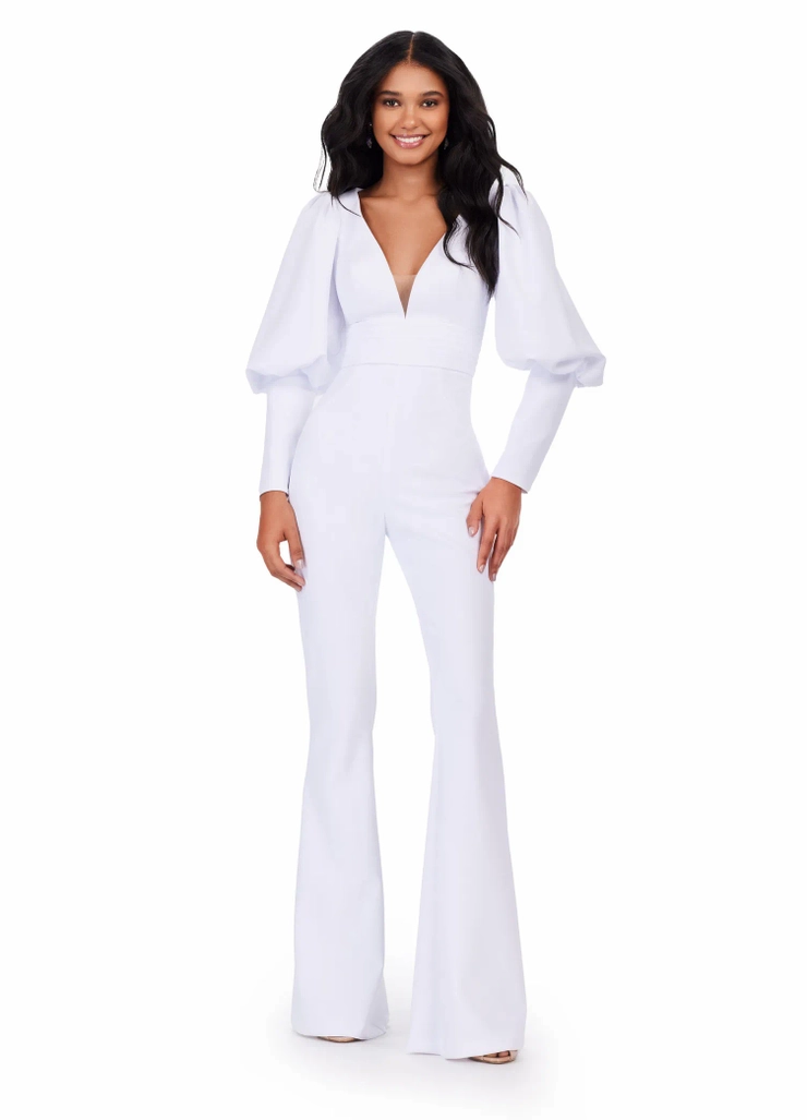 Ashley Lauren Style #11533 V-Neck Scuba Jumpsuit with Bishop Sleeves #1 frontface vertical picture