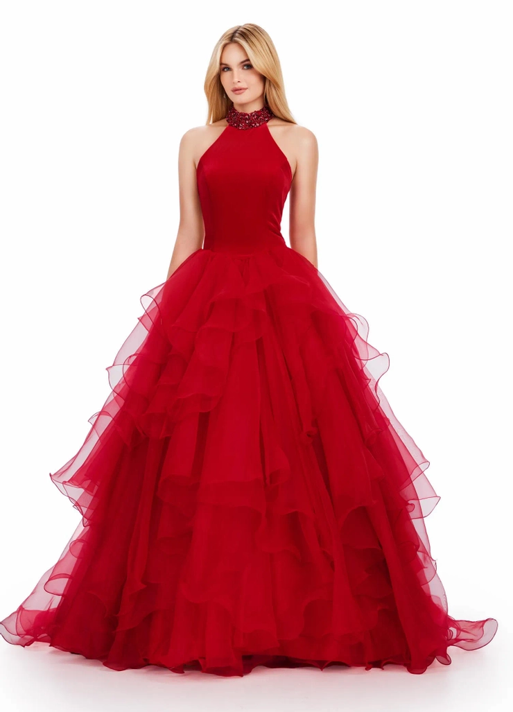 Ashley Lauren Style #11562 Organza Ball Gown with Velvet Bustier and Beaded Collar #1 frontface vertical picture