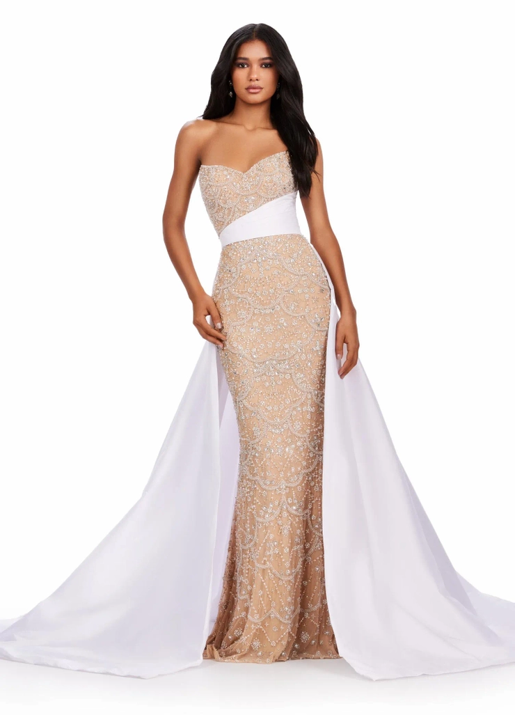 Ashley Lauren Style #11571 Fully Beaded Gown with Taffeta Belt and Overskirt #1 frontface vertical picture