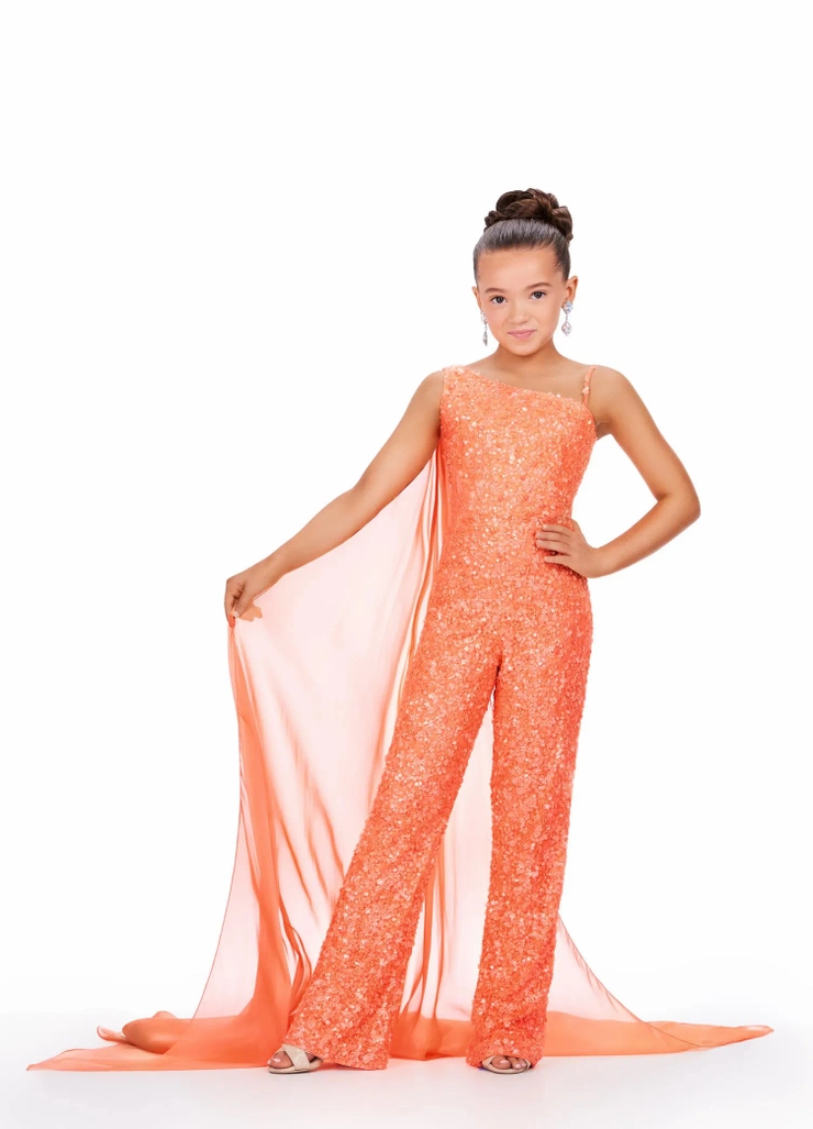 Ashley Lauren Style #8191 Fully Beaded Jumpsuit with One Shoulder Chiffon Cape #1 frontface vertical picture