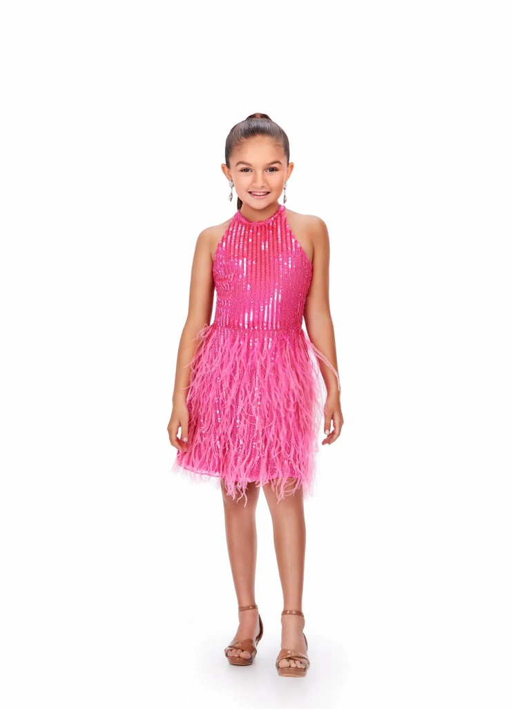 Ashley Lauren Style #8196 Fully Beaded Halter Cocktail Dress with Feathers #1 frontface vertical picture