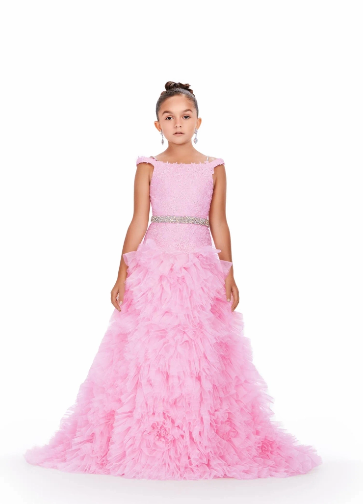 Ashley Lauren Style #8224 Embroidered Lace Gown with Ruffle Tulle Skirt #1 frontface vertical picture