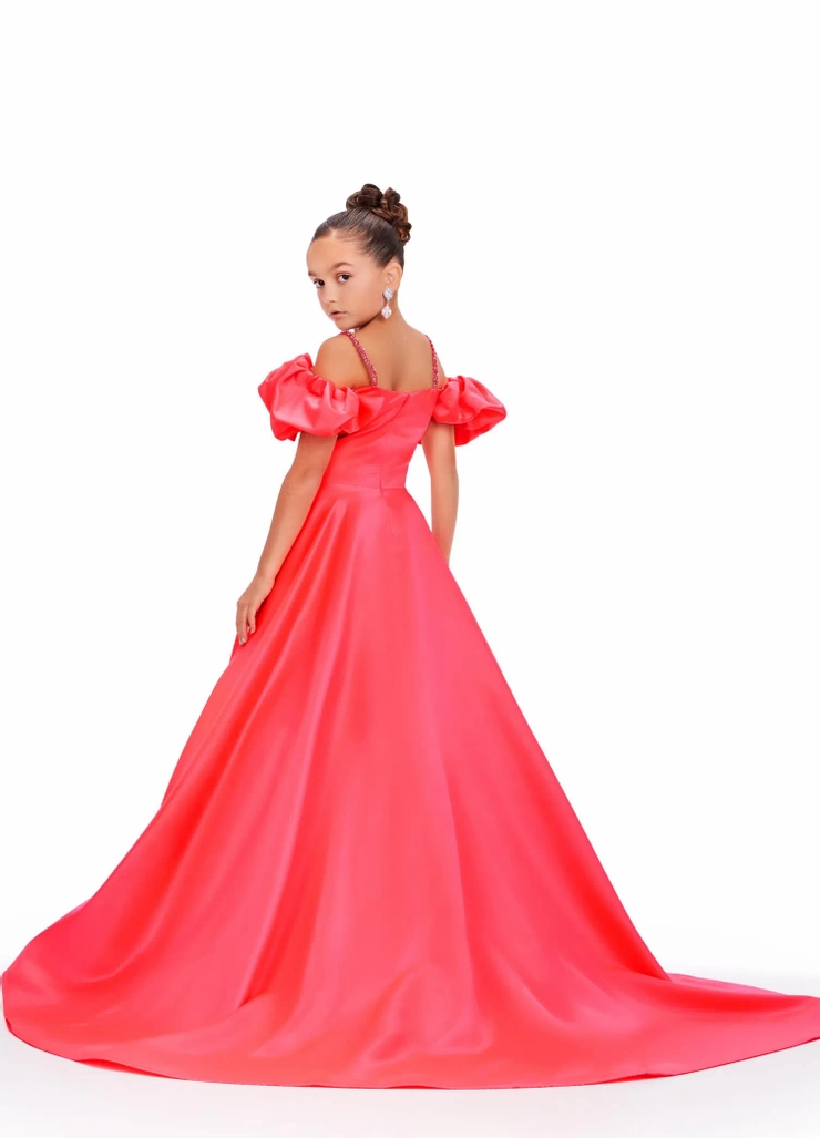 Ashley Lauren Style #8256 Kids Satin Gown with Off Shoulder Puff Sleeves #1 default backface vertical picture