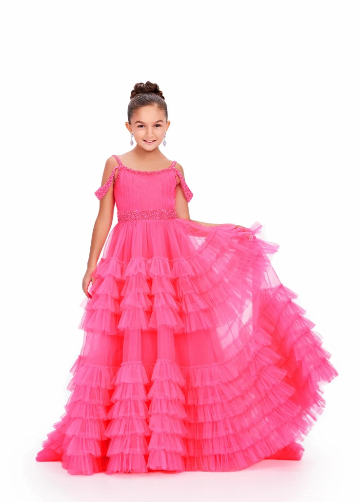 Ashley Lauren Style #8261 Kids Tiered Tulle Ball Gown with Beaded Accents #1 frontface vertical picture