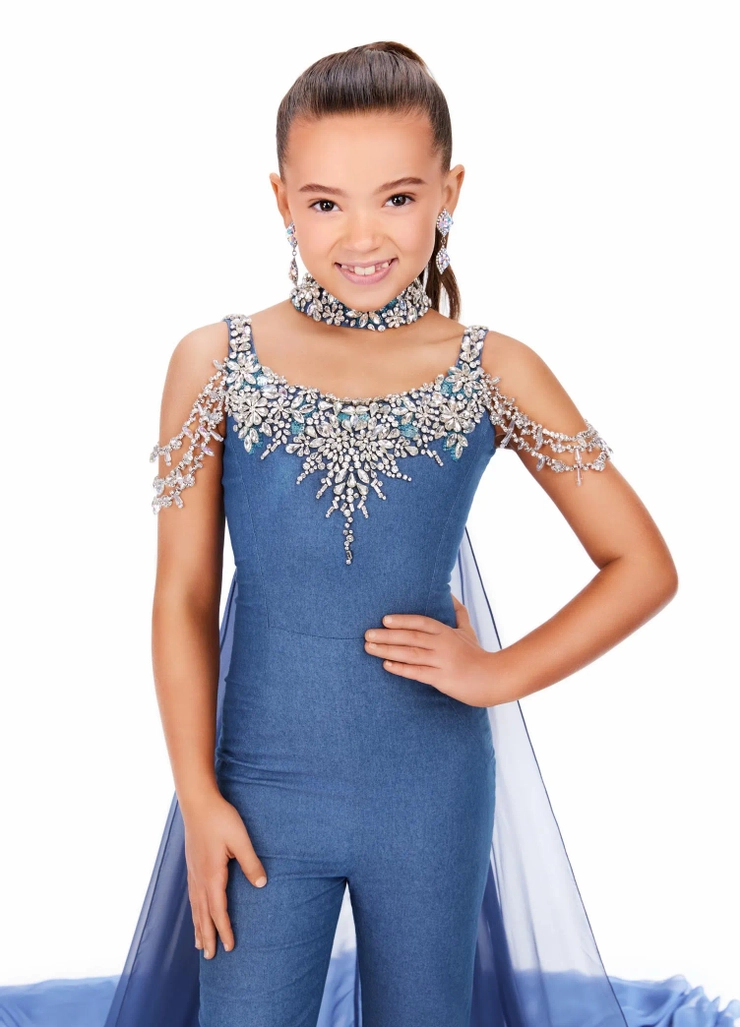 Ashley Lauren Style #8267 Kids Denim Jumpsuit with Beaded Details and Cape #2 frontface vertical cropped picture