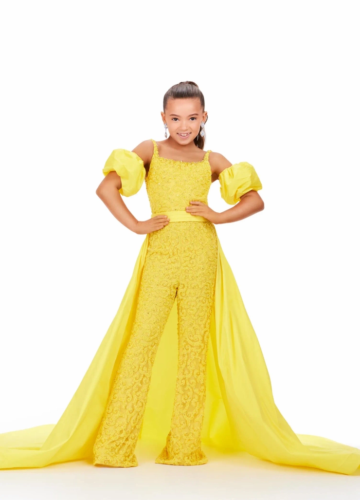 Ashley Lauren Style #8269 Kids Beaded Jumpsuit with Puff Sleeves and Overskirt #1 frontface vertical picture