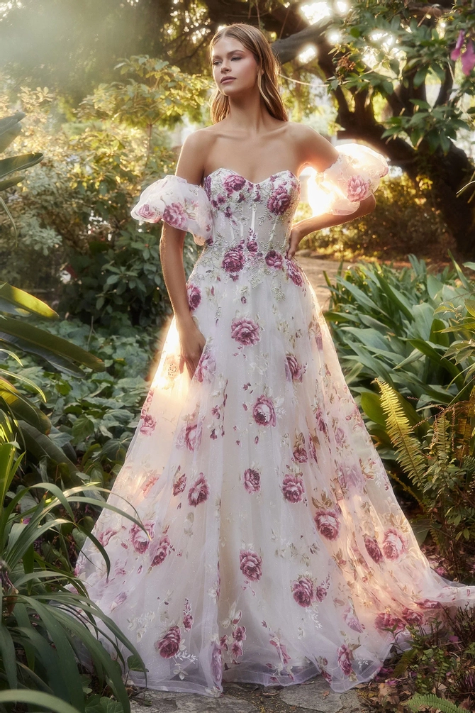 Andrea & Leo A1133 Floor Length Strapless Organza Peony Print Ball Gown