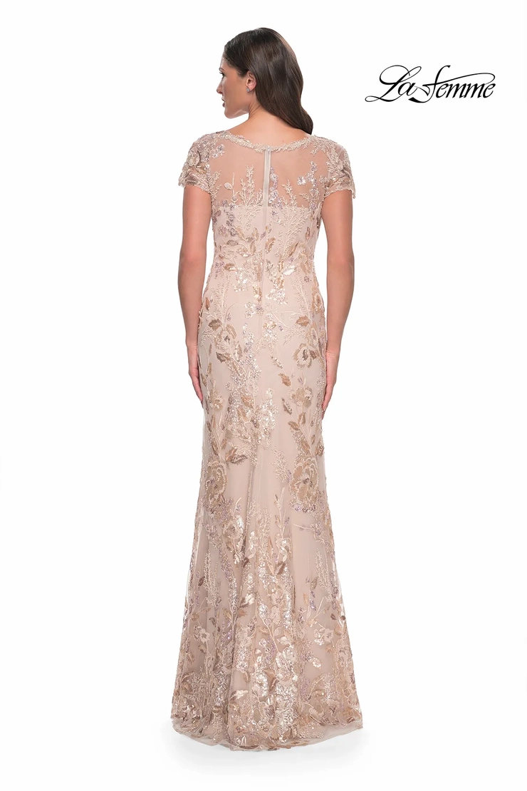 slim fit dress slacks Rose Gold La Femme Long Sequin Prom Dress