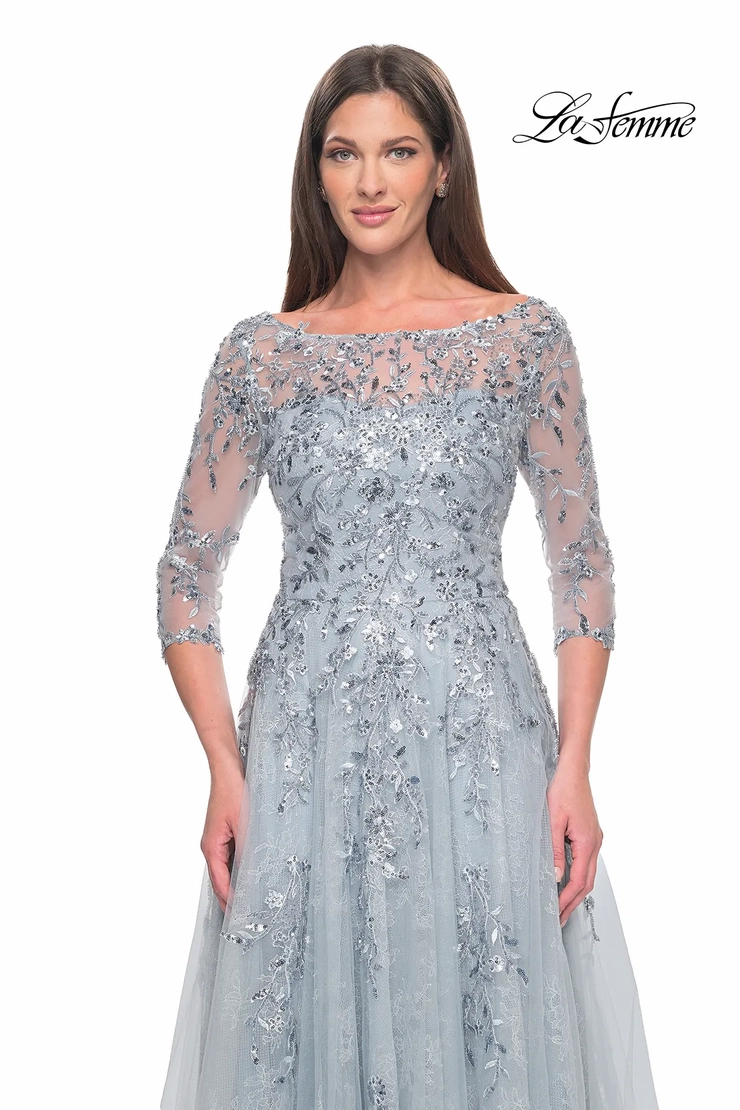 la femme grey dress Illusion Short-Sleeve Beaded Lace Long Formal Dress Teal / 14