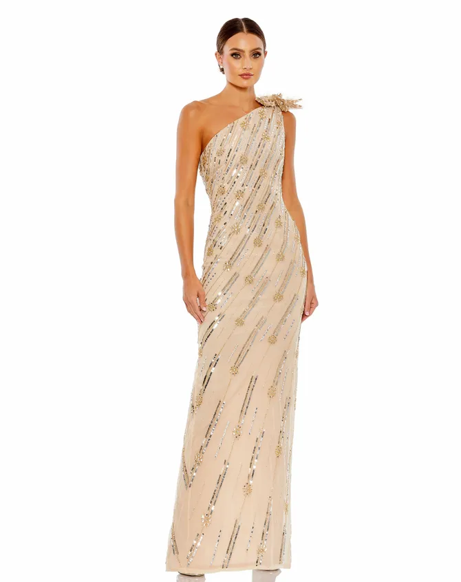 【mac duggal】27351 ドレス Beige Floral Embellished Trapeze Dress - Mac Duggal